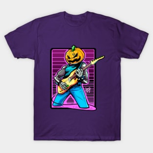 Skeletal Serenade: Jack-o'-Lantern Strumming in Blues T-Shirt